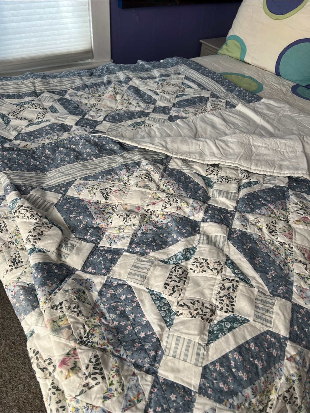 Handmade Blue and White Patchwork Quilt - Classic Floral Bedding